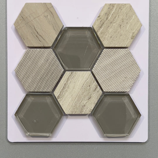 Beige deco glass and limestone hexagon mosaic - cbl03wg