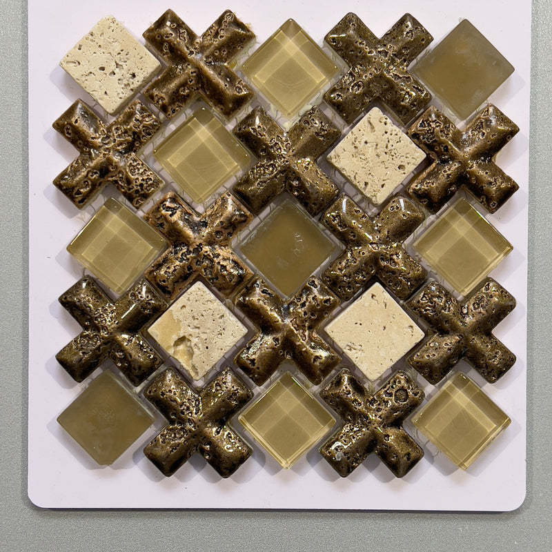 Brown glass and travertine abstract mosaic - cbdas8