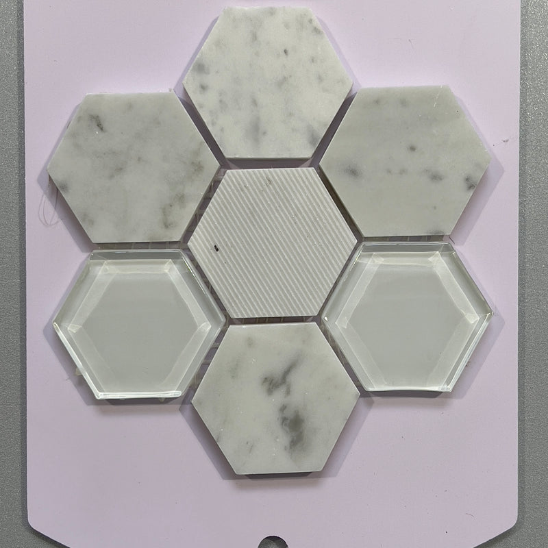 White glass and marble hexagon mosaic - cbl01ca